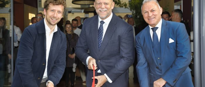 (L-R) Declan Smith (Zorin Finance), Mike Tindall MBE and Patric Cassidy (Cassidy Group) cut the ribbon at Beckton House